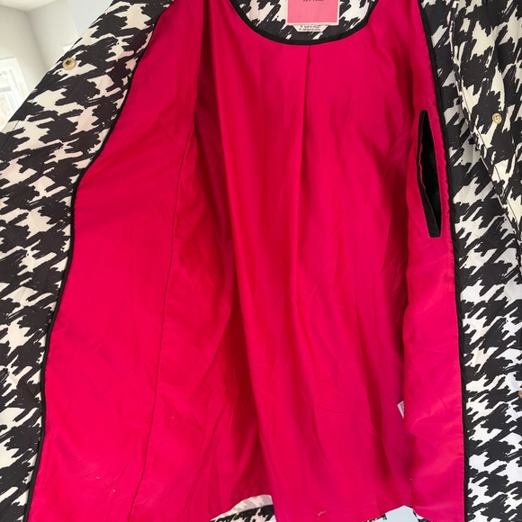 Kate Spade Houndstooth Raincoat Pink Lining Black White Trench Jacket Size Med - Picture 8 of 16